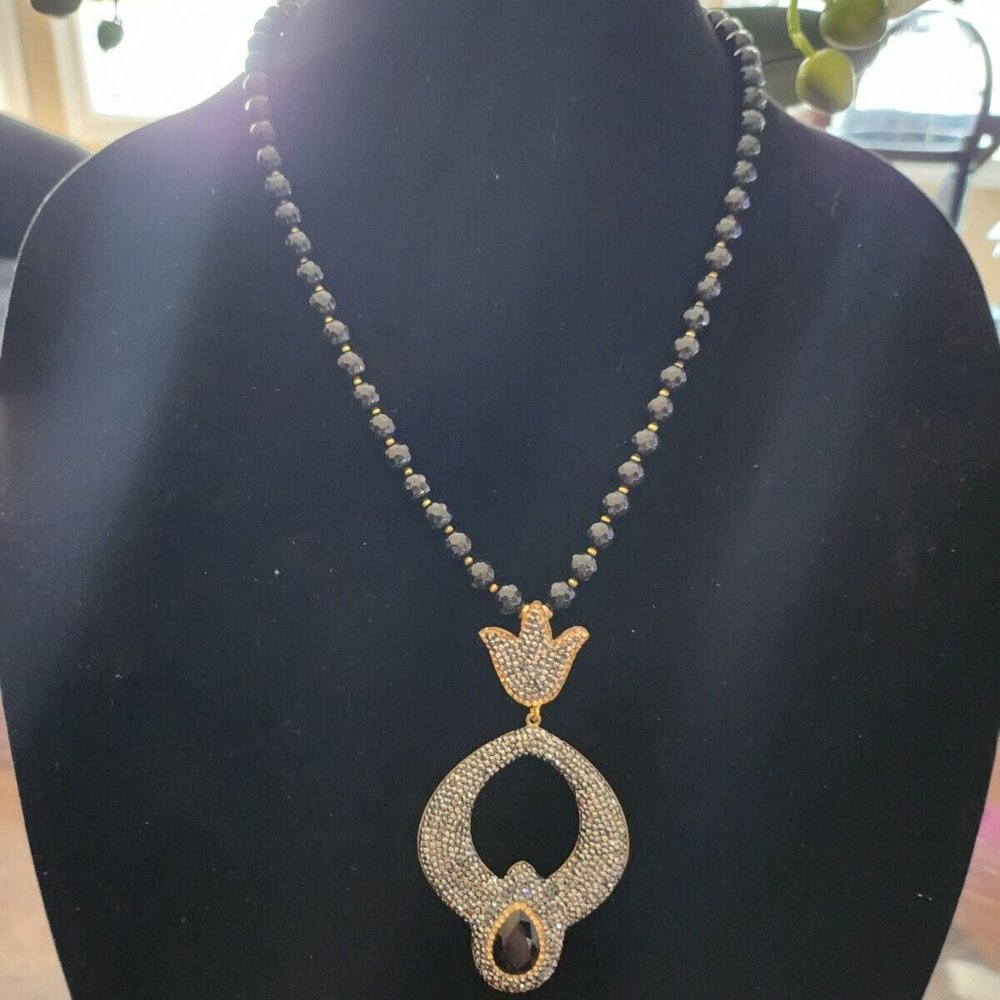 Evil Eye Black Swarovski Crystal Necklace with Black Onyx Beads